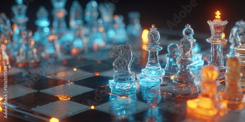 Glowing glass chess pieces on a futuristic board