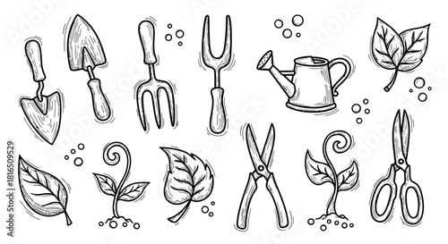 A collection of hand drawn gardening tools and plant doodles.