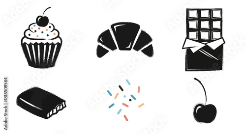A collection of simple black icons representing various sweets and desserts.