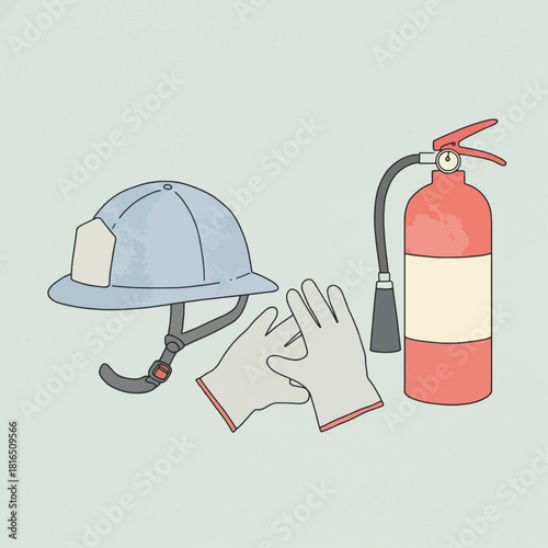 Illustration of essential fire safety equipment including a helmet, gloves, and a fire extinguisher.