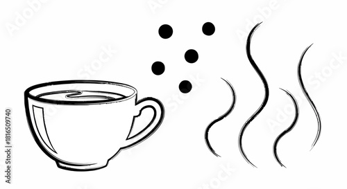 A steaming cup of coffee with rising vapor and aroma.