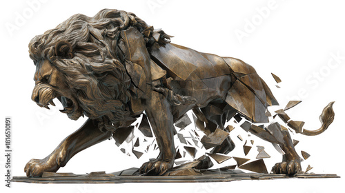 Shattering Bronze Lion Sculpture in Dynamic Motion