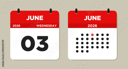 June 3 2026 (Wednesday) Calendar Vector Illustration. Day calendar page with date June 03. Week Starts on Sunday. Checklist day calendar. Modern Flat Calendar template icon.