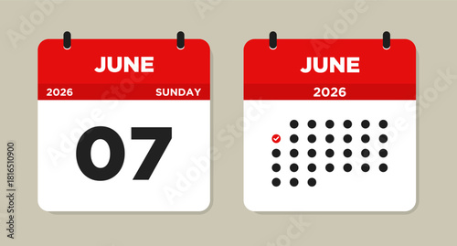 June 7 2026 (Sunday) Calendar Vector Illustration. Day calendar page with date June 07. Week Starts on Sunday. Checklist day calendar. Modern Flat Calendar template icon.