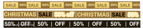 A banner set featuring "SALE -50%" in gold, "CHRISTMAS SALE 50% off" in shades of brown, and "50% | OFF" in white on a dark brown background, each repeated several times.