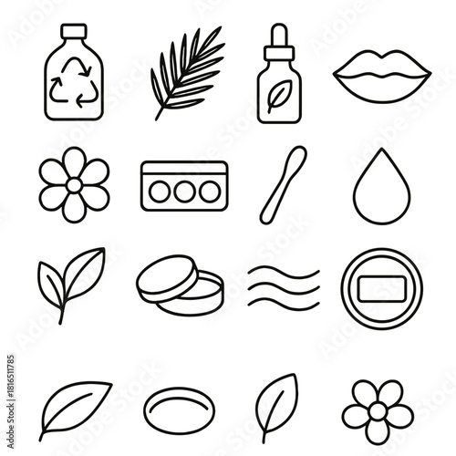 Eco Beauty Icons. Eco Lip Beauty linear icon set. recyclable container, palm leaf, plant extract bottle, minimalist lips, flower pattern, natural tint palette, small spatula