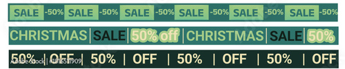 A graphic banner design showing Christmas sale promotions with a 50% discount, featuring green and white text on a transparent background.