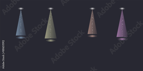 Four abstract conical shapes with glowing tips on a dark background