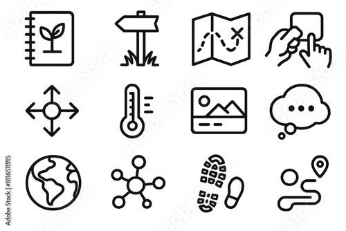 Discovery Learning Icons. Experiential Discovery Learning Icons linear icon set: field journal, outdoor clue marker, trail map, hands-on activity icon, exploration arrows, sensor
