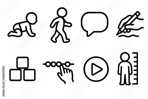 Childhood Development Icons. Childhood Development Milestones linear icon set: crawling figure, walking figure, talking bubble, drawing hand, stacking blocks, counting beads, play