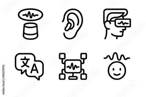 Futuristic Voice Icons. Future Voice Assistants linear icon set. holographic projection, wearable ear device, AR interface, multi-language bubble, contextual AI, emotion detection