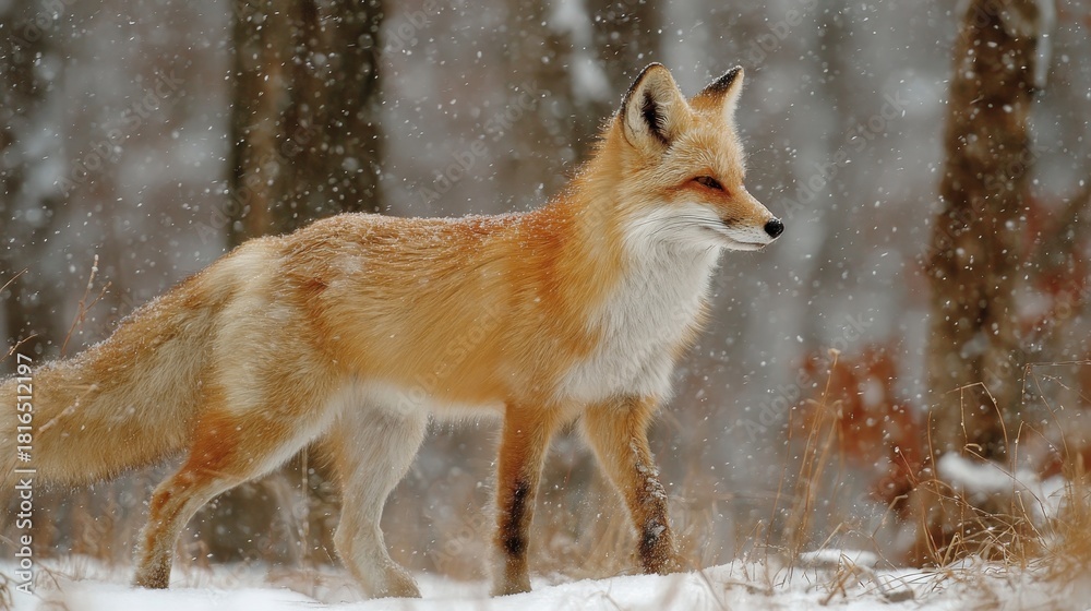 Naklejka premium Curious Red Fox Navigating the Snowy Forest Landscape Amongst Leafless Aspen Trees in Winter