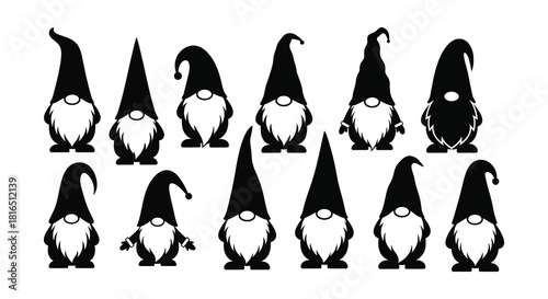 A collection of whimsical black silhouette garden gnomes with long beards