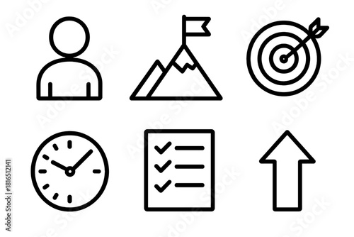 Determination Icons. Personal determination linear icon set. person icon, flag on mountain, target board, clock, checklist, upward arrow.