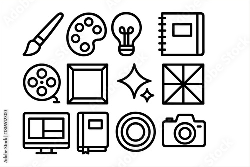 Creative Tools Icons. Creative Mentorship linear icon set: paintbrush, color palette, idea bulb, sketchbook, film reel, art frame, sparkles, design grid, computer screen, notebook