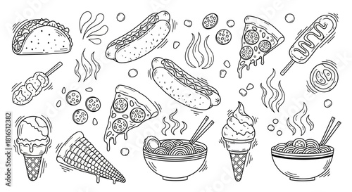 Assortment of various fast food items in detailed line art.