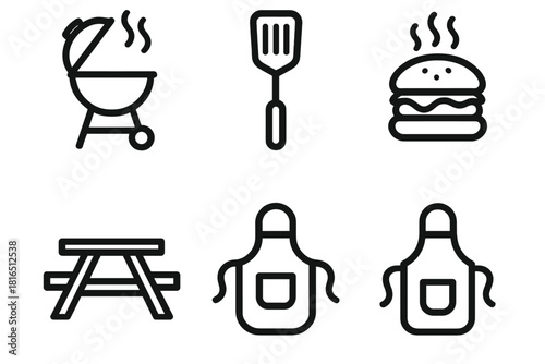 Backyard BBQ Icons. Backyard BBQ linear icon set: grill, spatula, burger, smoke, picnic table, apron