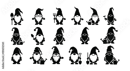 A collection of whimsical black silhouette garden gnomes with long beards