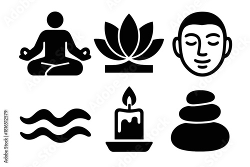 Mind-Body Balance Icons. Mind-Body Balance silhouette icon set. meditation pose, lotus flower, calm face, breathing wave, candle icon, balance stones