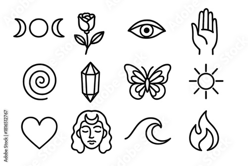 Sacred Feminine Symbols. Sacred femininity linear icon set: moon phases, flower, eye, open palm, spiral, crystal, butterfly, sun, heart, goddess face, water wave, flame