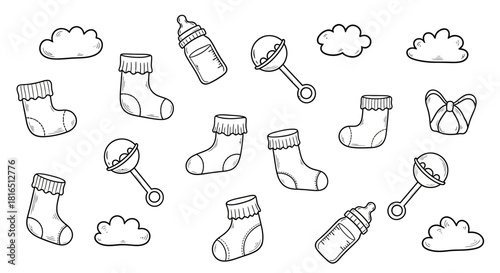 Baby items scattered across the surface in a monochrome illustration.