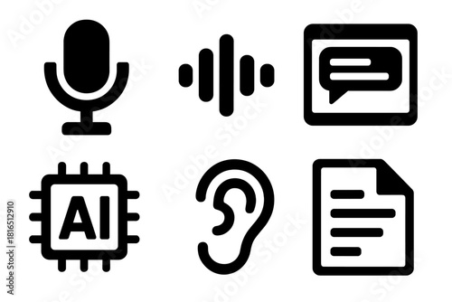 Bold Speech Recognition Icons. Speech Recognition silhouette icon set. microphone icon, sound wave, speech-to-text window, AI chip, ear symbol, transcription document.