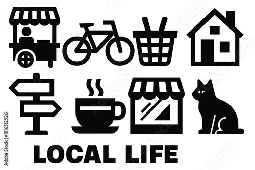 Local Icon Set. Local Life silhouette icon set. street vendor, bicycle, market basket, local home, street sign, coffee cup, shop window, cat on street.
