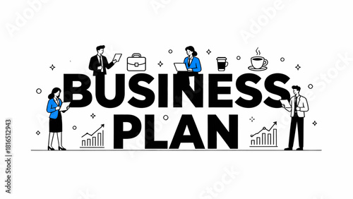 This illustration depicts various business professionals and elements surrounding “Business Plan”，highlighting the key components of strategic planning and corporate collaboration.