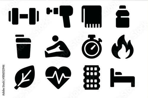Brutalist Muscle Recovery Icons. Muscle Recovery silhouette icon set. dumbbell, massage gun, towel, water bottle, protein shake, stretching person, stopwatch, flame, leaf, heart