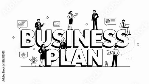 This illustration depicts various business professionals and elements surrounding “Business Plan”，highlighting the key components of strategic planning and corporate collaboration.
