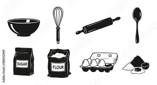 Baking essentials illustration featuring bowl whisk rolling pin spoon sugar flour eggs and ingredients.