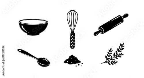 Baking Utensils and Ingredients Hand Drawn Illustration Set.