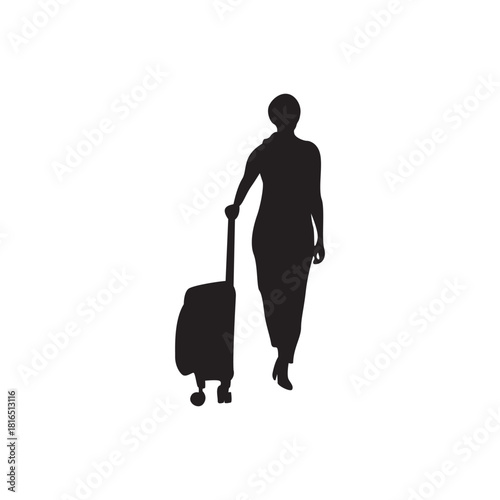 Traveller silhouette with luggage, minimal icon. Solid traveler silhouette pulling suitcase perfect for travel apps, booking sites, signage and editorial use. Scalable vector.