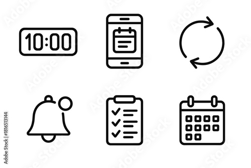Digital Planning Icons. Smart Scheduling linear icon set. digital clock, mobile planner, sync arrows, bell notification, to-do list, calendar grid