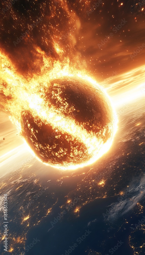 Fototapeta premium Stunning Luminous Meteor Streaks Across the Night Sky, Creating an Abstract Fiery Impact with Earth