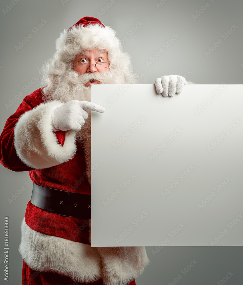 Naklejka premium Surprised Santa Claus Pointing at Blank White Board with Copy Space - Christmas Sale and Advertisement Concept