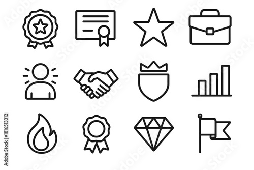 Professional Excellence Icons. Professional Excellence Icons linear icon set: skill badge, mastery certificate, recognition star, polished briefcase, standout profile icon, refined