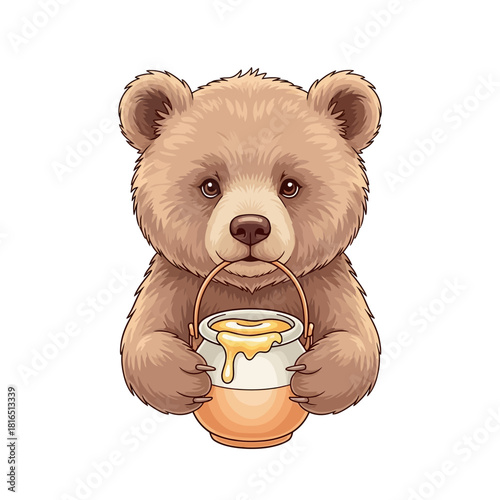 Cute bear cub holding honey pot with sweet honey.