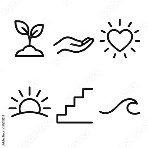 Icons of Inner Growth. Inner Growth linear icon set. plant sprout, open hand, heart glow, rising sun, steps upward, gentle wave