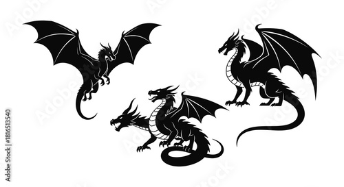 Three black dragons in flight and repose a striking mythical illustration