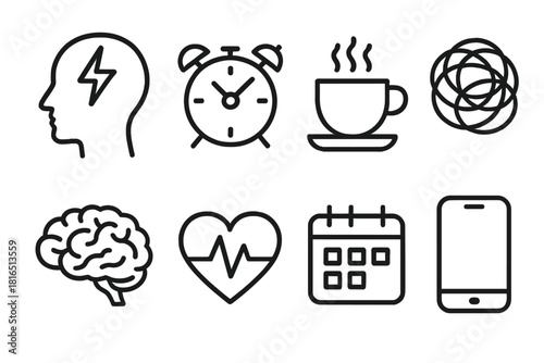 Stress Management Icons. Stress management concept linear icon set: head with lightning, alarm clock, coffee cup, tangled lines, brain, heartbeat, calendar, phone