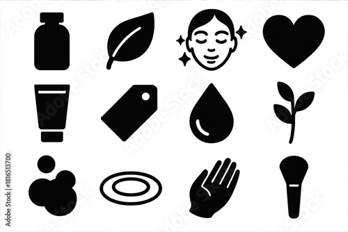 Clean Beauty Icons. Clean Beauty silhouette icon set. minimalist bottle, organic leaf, glowing skin icon, heart symbol, lotion tube, label tag, purity droplet, plant stem, gentle