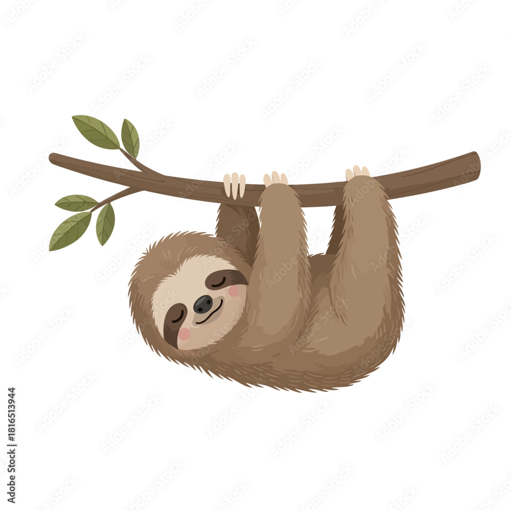 Obraz premium Cute sloth hanging from a tree branch, smiling happily.