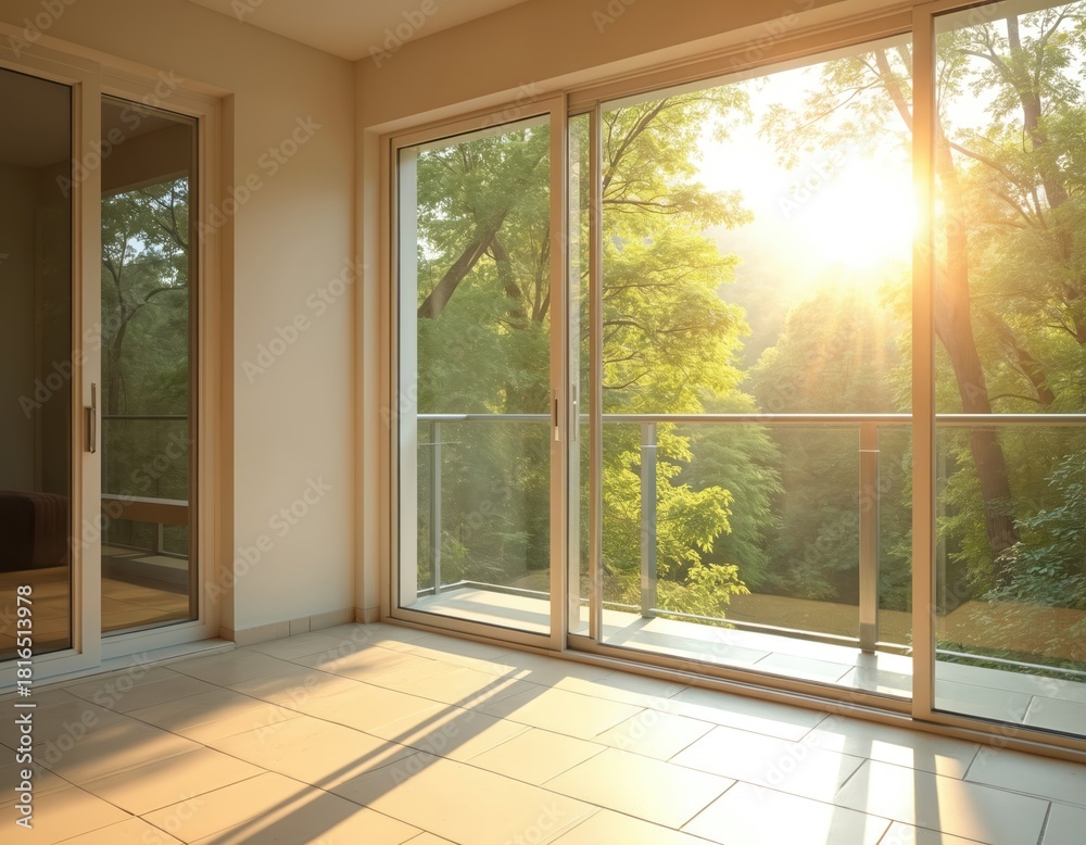 Fototapeta premium Empty room with large glass doors opening to lush green trees. Morning sun shines brightly through foliage, creating light beams. Balcony overlooks forest setting. Bright interior with tile floor.