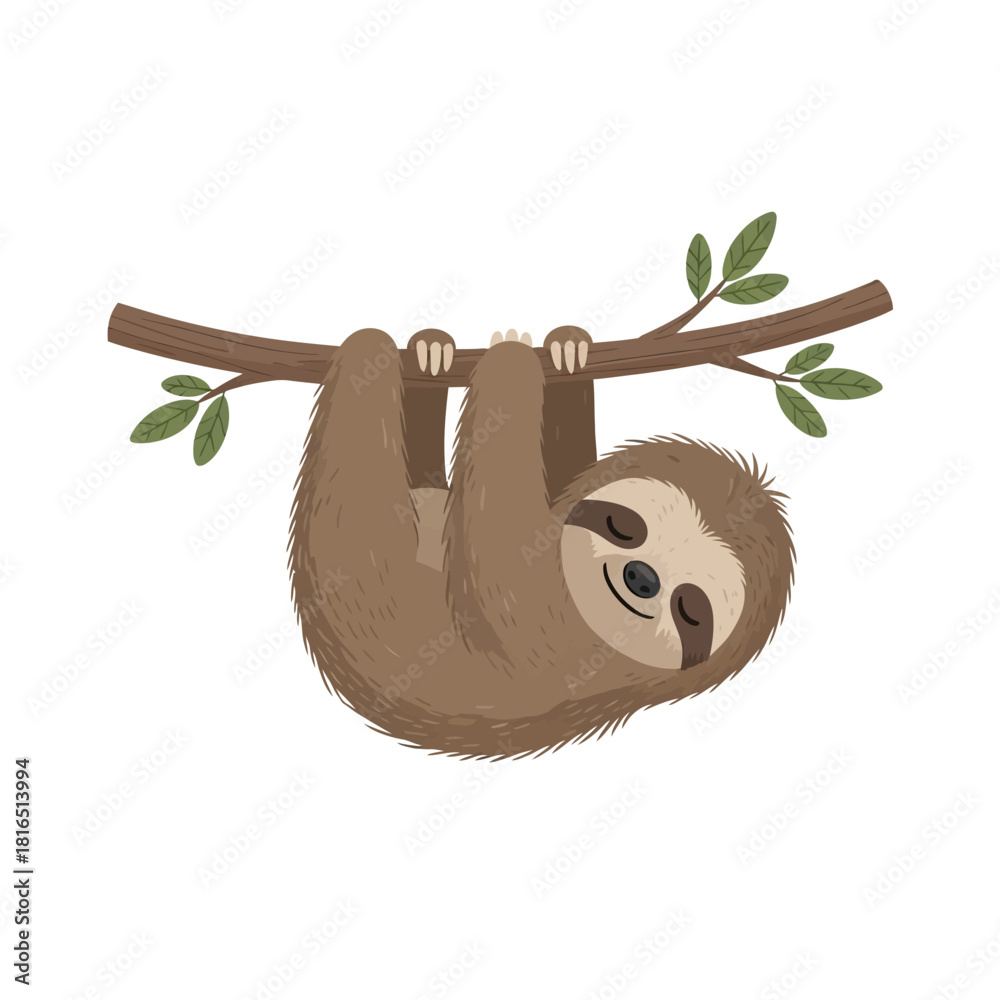 Obraz premium Cute sloth hanging on a tree branch, smiling happily.