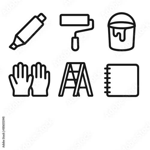 Creative Tools Icons. Creative Tools linear icon set. marker, roller brush, paint bucket, gloves, ladder, sketchbook