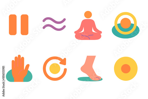 Mindfulness Icon Set. Serenity Practices Actions flat icon set: pause symbol, slow rhythm lines, mindful pose, soothing hand, clarity ring, reset arrow, relaxed step, focus dot
