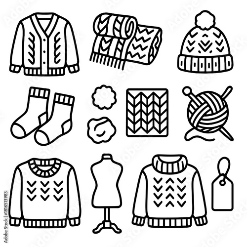 Knitwear Icon Collection. Cozy Knitwear Showcase linear icon set: cardigan, wool scarf, knitted blanket, hat, socks, pom-pom, pattern design, spool of yarn, knitting needle, folded