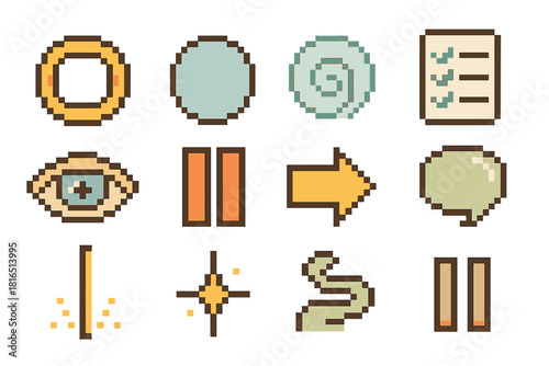Focus Icons Set. Focus and Clarity Practices Elements Set pixel style icon set: focus ring, clear dot, breath swirl, tidy checklist, calm eye, alignment bar, smooth arrow