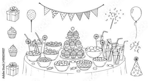 Party table with cupcakes, sweets, drinks, and bunting flags, black and white vector, neat doodle style, isolated elements